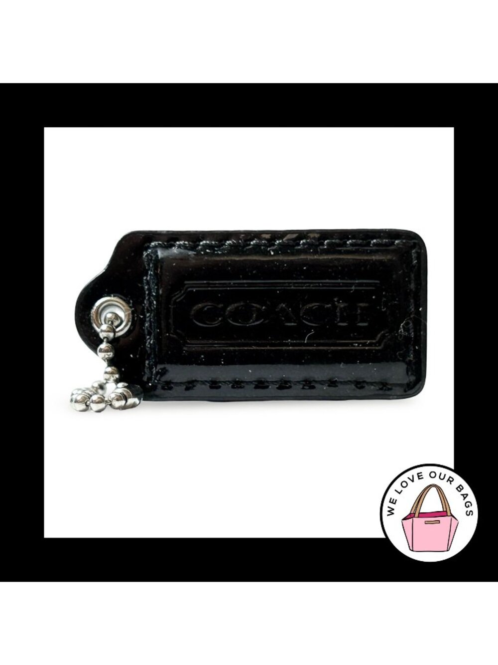 COACH HANG TAG 2" Black Patent Leather Bag Charm Keychain Fob Nickel Medium